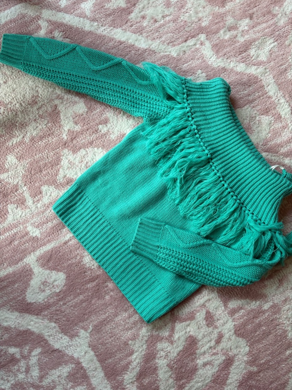 Rock & Roll Cowgirl Turquoise Off-Shoulder Fringe Sweater